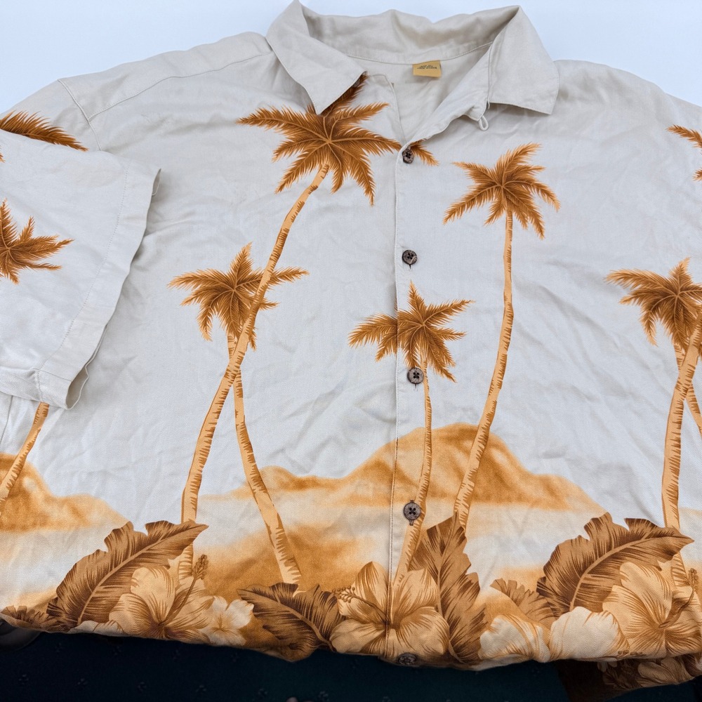 Jos A Bank Silk Hawaiian Shirt Men XL Palm Tree Hibiscus Tropical Camp Brown Tan